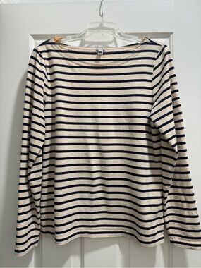 J. Crew Striped Boatneck Long Sleeve Top - Navy and Cream